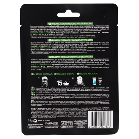 Garnier SkinActive Pure Charcoal Maschera Viso in Tessuto Purificante e Idratante